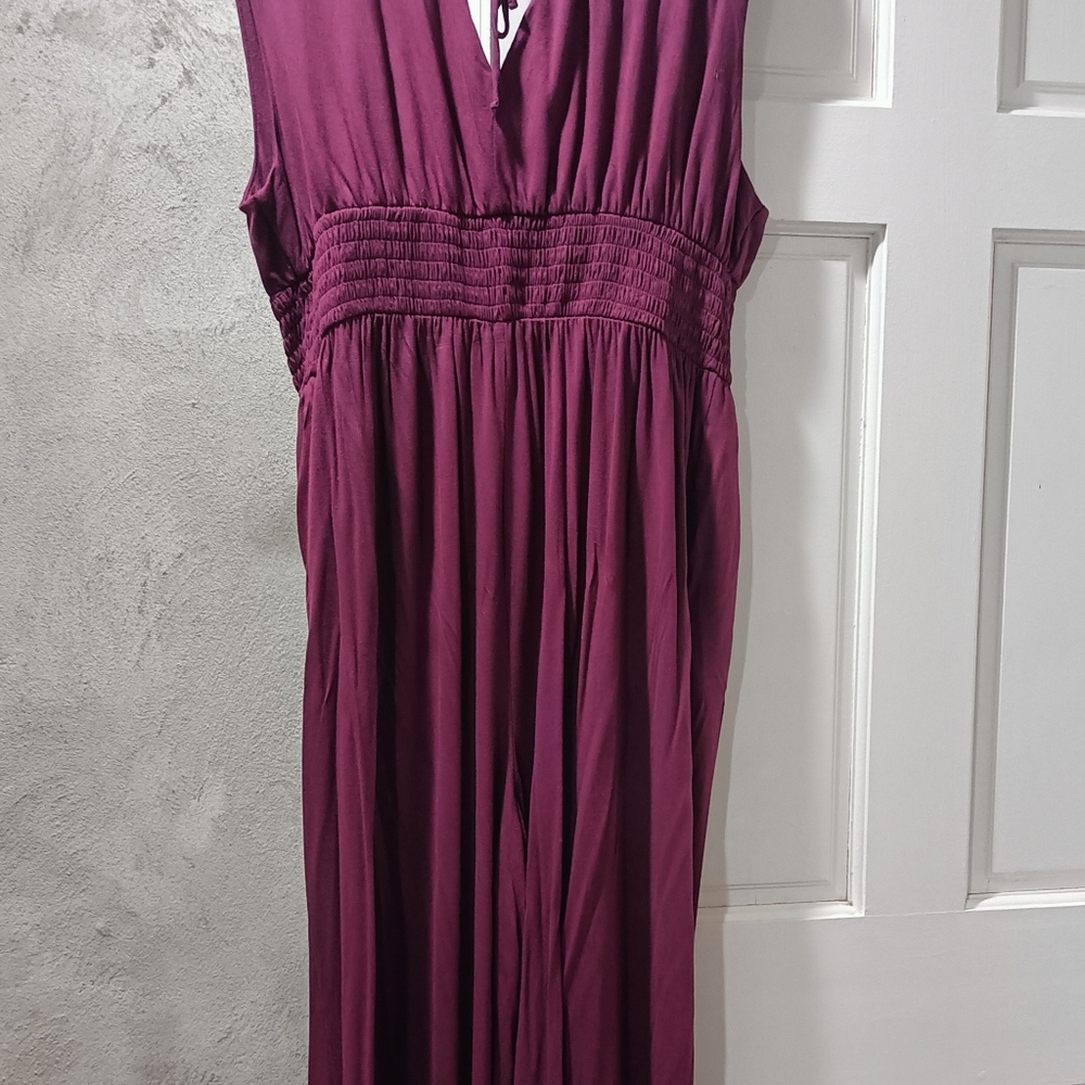 Waist-Defined Shirred Jumpsuit. Color Dark Mauve.